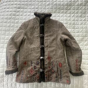 Icelandic Design Jacket Medium Brown Wool Blend Embroidered Herringbone Toggles